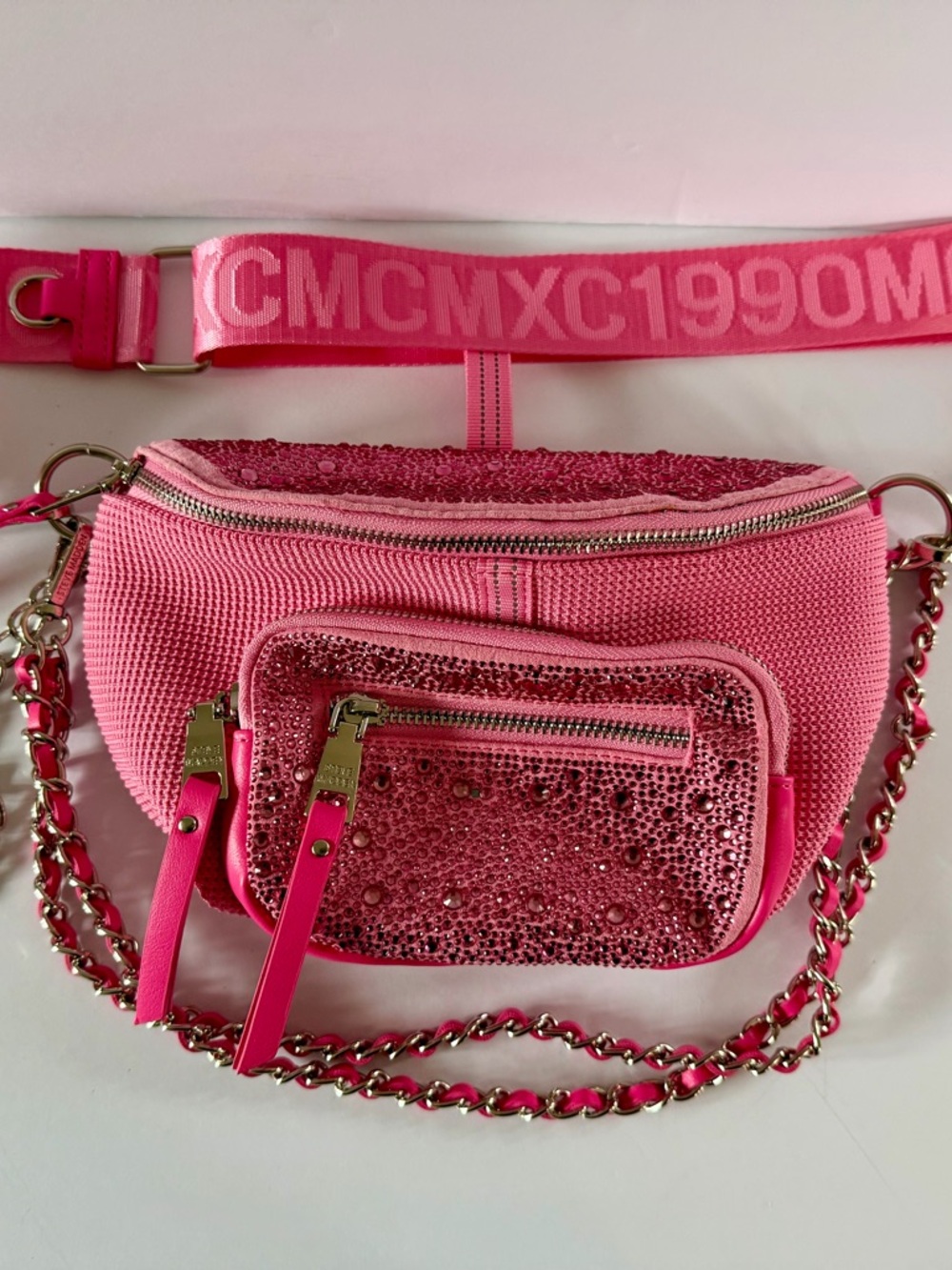 Steve Madden BMAXIMA Hot Pink Rhinestone Crossbody Belt Bag- Adjustable Stap